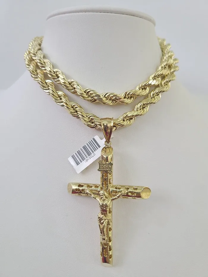 Real 10k Rope Chain Jesus Cross Charm Set 8mm 2030 Inch Necklace Yellow Gold Globalwatches10 Necklaces
