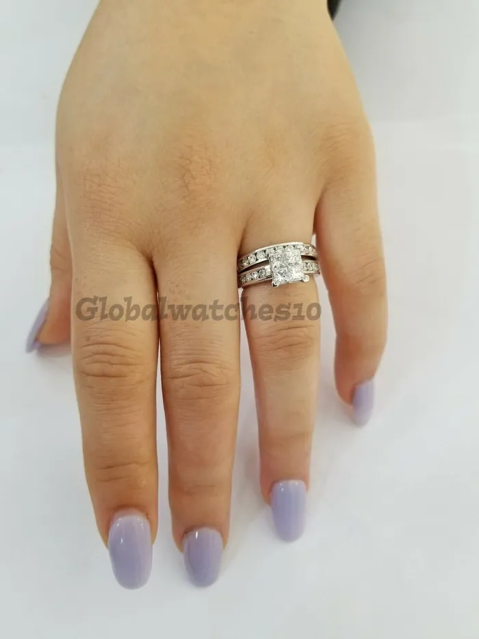 Rings Gold and Diamond Real 14k White Gold 2CT Diamonds Ladies Ring Bridal Set Princess Cuts Solitaire
