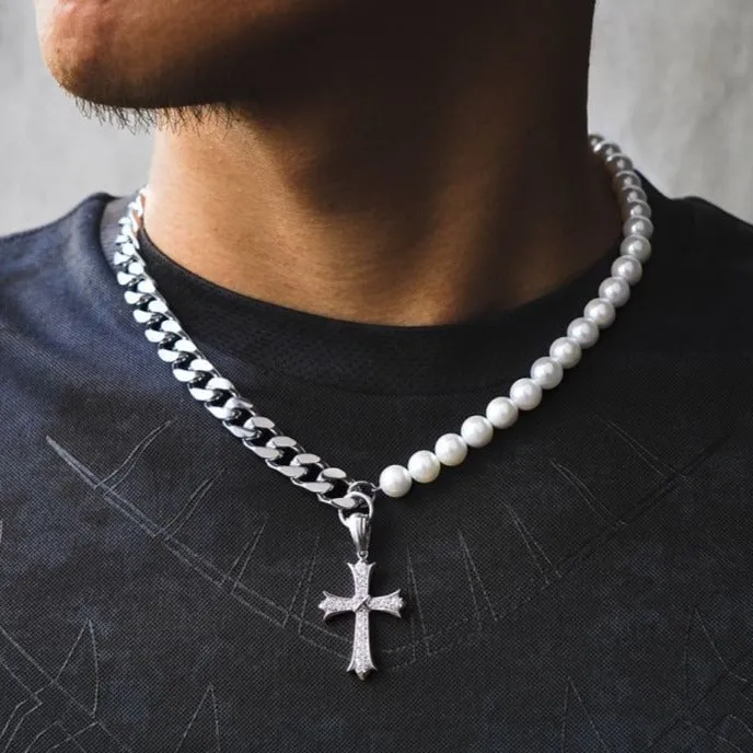 The Faith Cuban Link Pearl Necklace in White Gold with Diamond Cross Pendant KRKC Necklaces The Faith Cuban Link Pearl Necklace in White Gold with Diamond Cross Pendant KRKC Necklaces