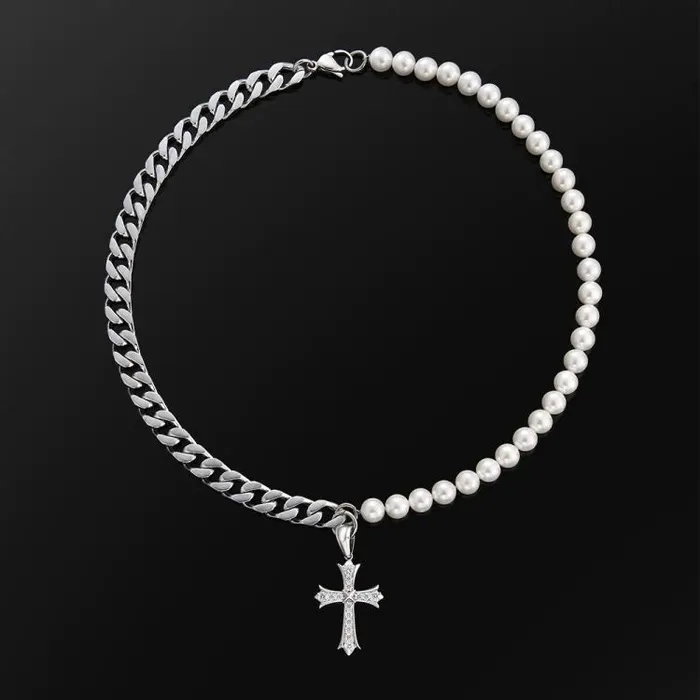 The Faith Cuban Link Pearl Necklace in White Gold with Diamond Cross Pendant KRKC Necklaces