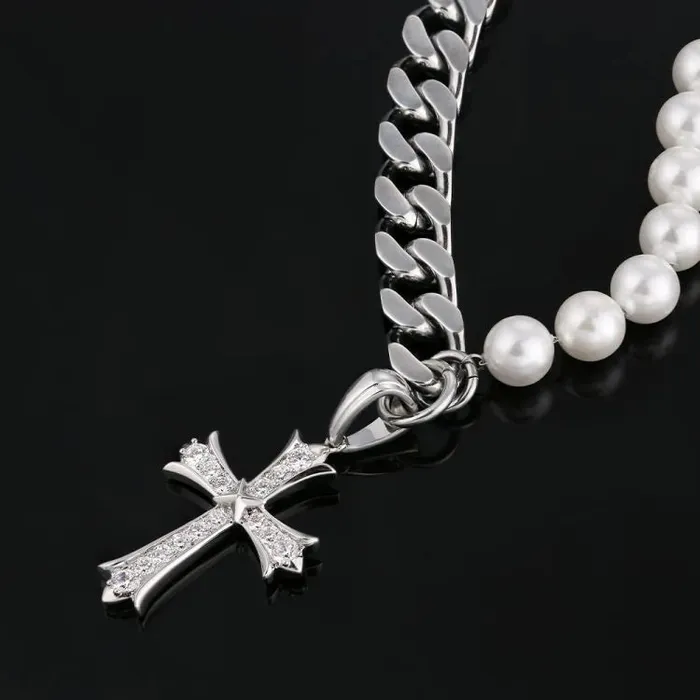 The Faith Cuban Link Pearl Necklace in White Gold with Diamond Cross Pendant KRKC Necklaces