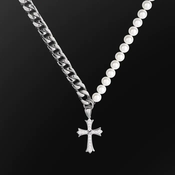 The Faith Cuban Link Pearl Necklace in White Gold with Diamond Cross Pendant KRKC Necklaces