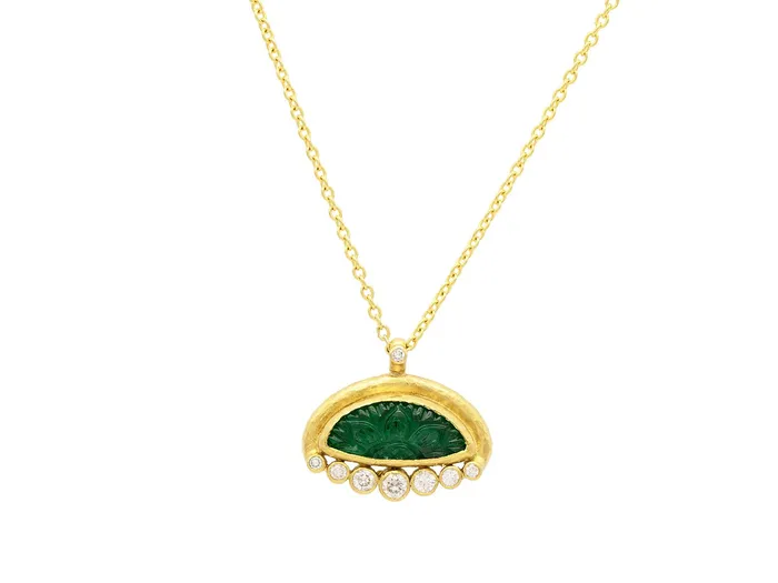 GURHAN Muse Gold Emerald Amorphous Pendant Necklace 18x8mm Carved Stone set in Wide Frame GG GOLD OOAK Necklaces GURHAN Muse Gold Emerald Amorphous Pendant Necklace 18x8mm Carved Stone set in Wide Frame GG GOLD OOAK Necklaces