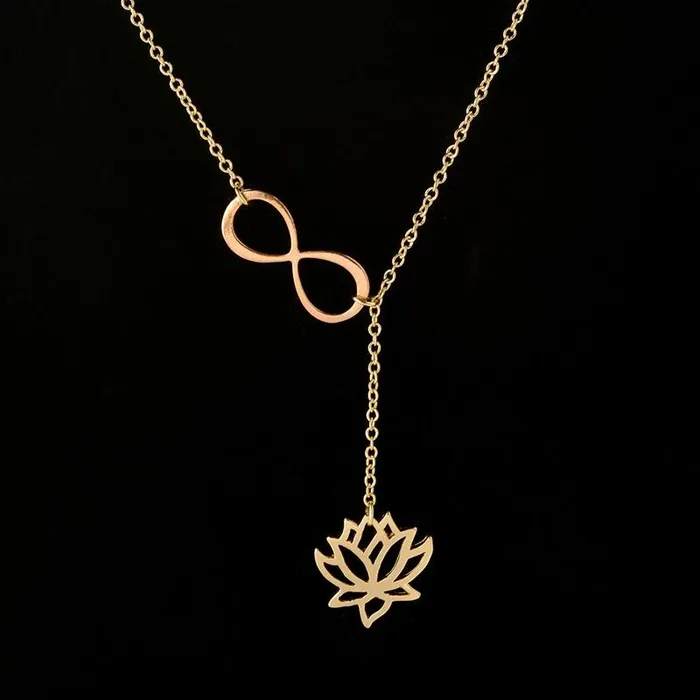 Lotus Flower Infinity Lariat Gold Color Most Beautiful Romance Pendant Necklace For WomenGirls Sparkling Selection Necklaces