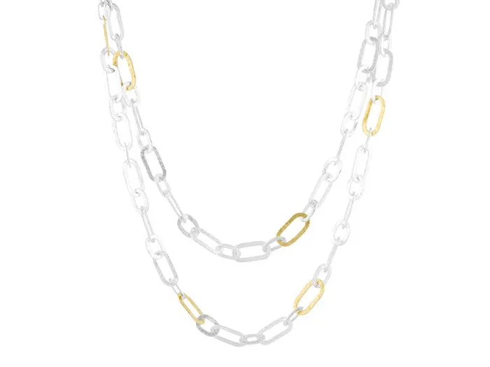 Necklaces GG SILVER CLS GURHAN Mango Sterling Silver Link Long Necklace Flat Oval Gold Accents Necklaces GG SILVER CLS GURHAN Mango Sterling Silver Link Long Necklace Flat Oval Gold Accents