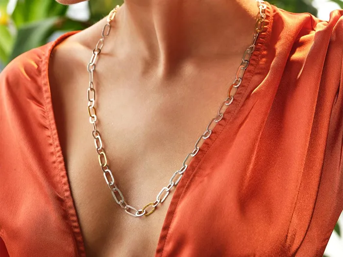 Necklaces GG SILVER CLS GURHAN Mango Sterling Silver Link Long Necklace Flat Oval Gold Accents Necklaces GG SILVER CLS GURHAN Mango Sterling Silver Link Long Necklace Flat Oval Gold Accents