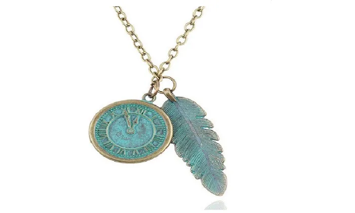Retro Bronze Clock And Leaves Pendant Necklace sparklingselections Necklaces Retro Bronze Clock And Leaves Pendant Necklace sparklingselections Necklaces