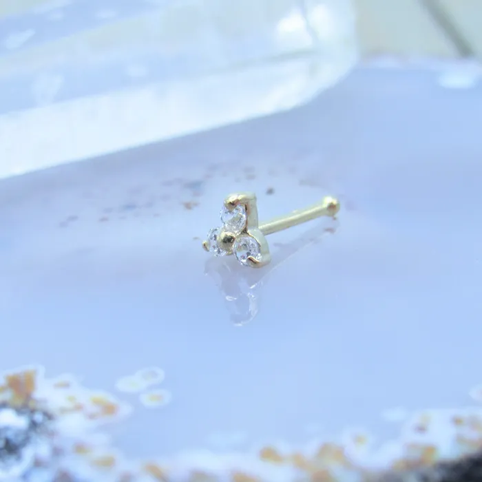 Yellow gold nose stud CZ trio gemstone center design SirenBodyJewelry Earrings