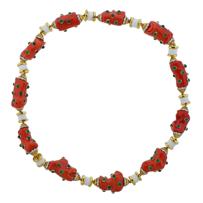 David Webb Coral Emerald Diamond Enamel Gold Platinum Necklace David Webb Necklaces