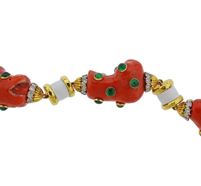 David Webb Coral Emerald Diamond Enamel Gold Platinum Necklace David Webb Necklaces