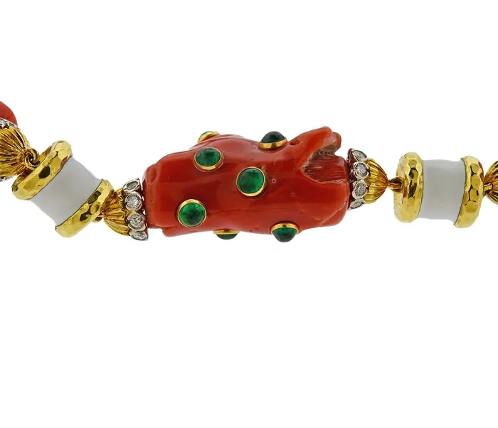 David Webb Coral Emerald Diamond Enamel Gold Platinum Necklace David Webb Necklaces