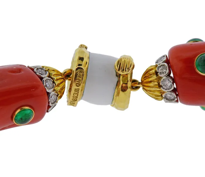 David Webb Coral Emerald Diamond Enamel Gold Platinum Necklace David Webb Necklaces
