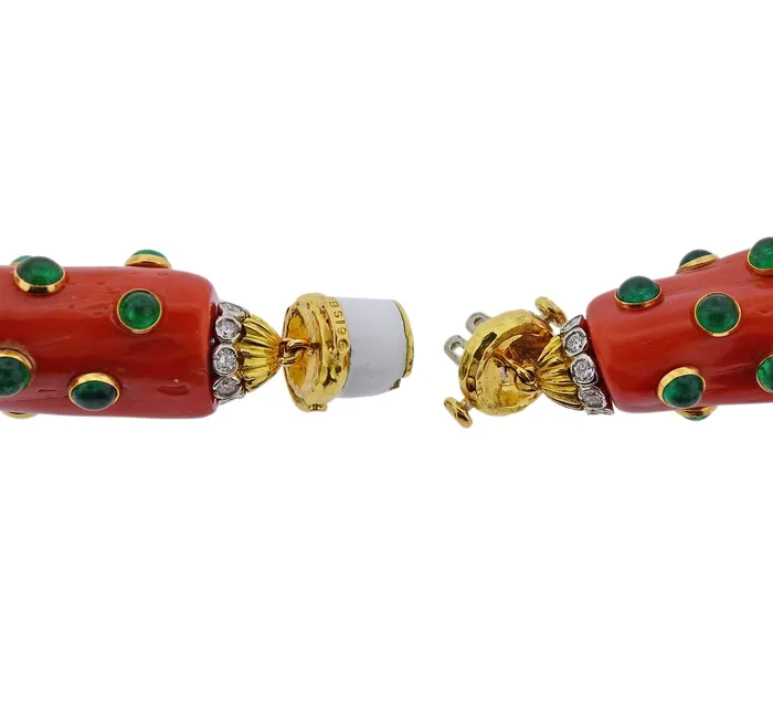 David Webb Coral Emerald Diamond Enamel Gold Platinum Necklace David Webb Necklaces