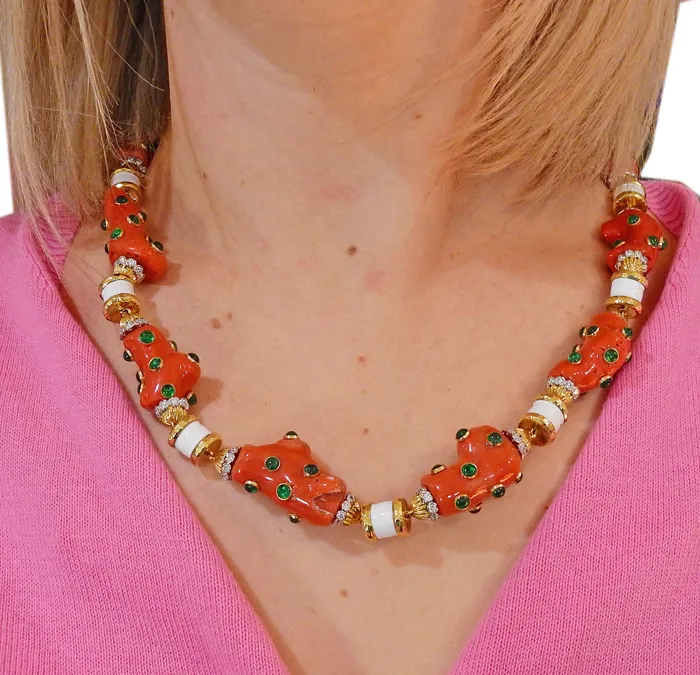 David Webb Coral Emerald Diamond Enamel Gold Platinum Necklace David Webb Necklaces
