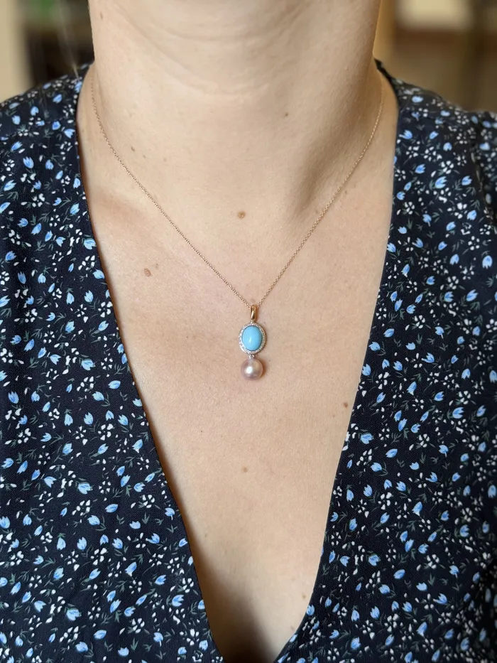 Mimi Milano Leela Turquoise Diamond Pearl Gold Pendant Necklace Mimi Milano Necklaces