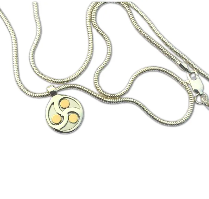 Necklaces Erosmoon Discreet Sterling Silver and 9K Gold Triskele BDSM Day Collar Artisan Pendant on a Light Snake Chain Necklaces Erosmoon Discreet Sterling Silver and 9K Gold Triskele BDSM Day Collar Artisan Pendant on a Light Snake Chain