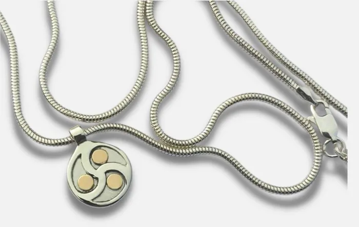 Necklaces Erosmoon Discreet Sterling Silver and 9K Gold Triskele BDSM Day Collar Artisan Pendant on a Light Snake Chain