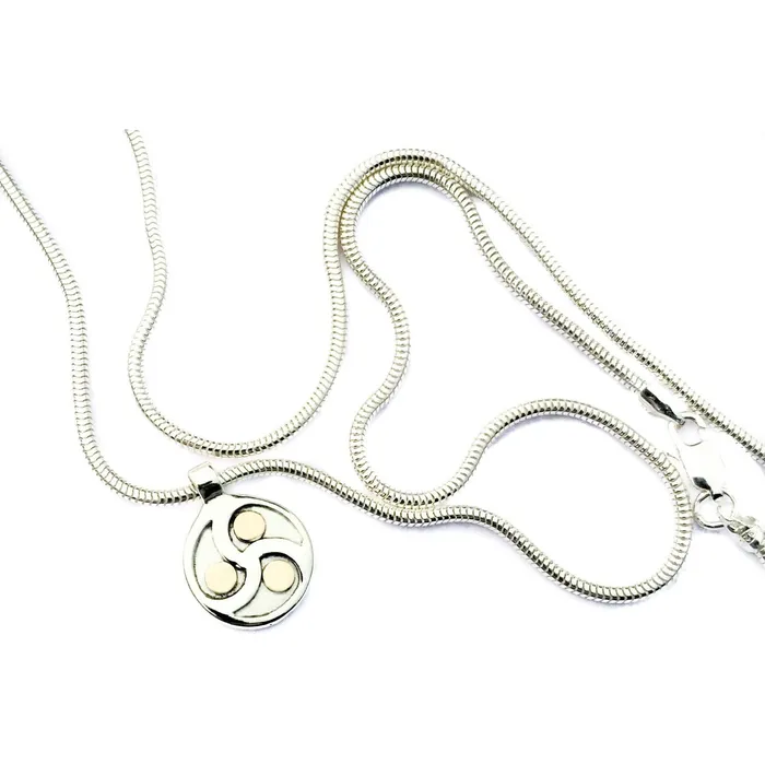 Necklaces Erosmoon Discreet Sterling Silver and 9K Gold Triskele BDSM Day Collar Artisan Pendant on a Light Snake Chain