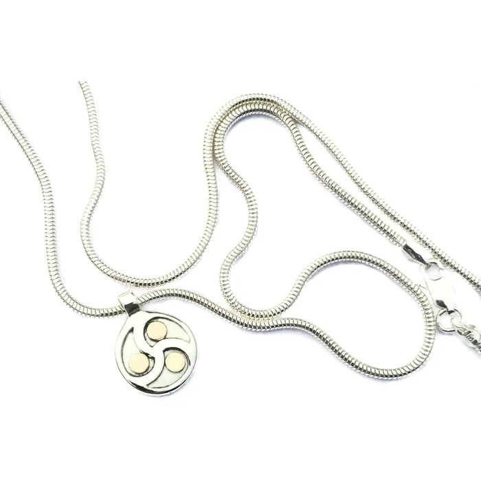 Necklaces Erosmoon Discreet Sterling Silver and 9K Gold Triskele BDSM Day Collar Artisan Pendant on a Light Snake Chain