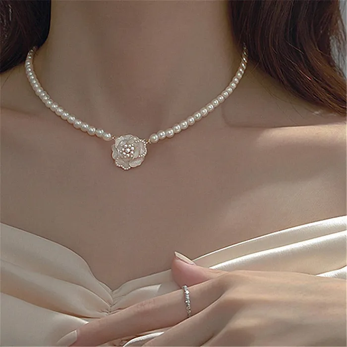 Necklaces Silver Rose Pearl Necklace UrbanVinta Necklaces Silver Rose Pearl Necklace UrbanVinta