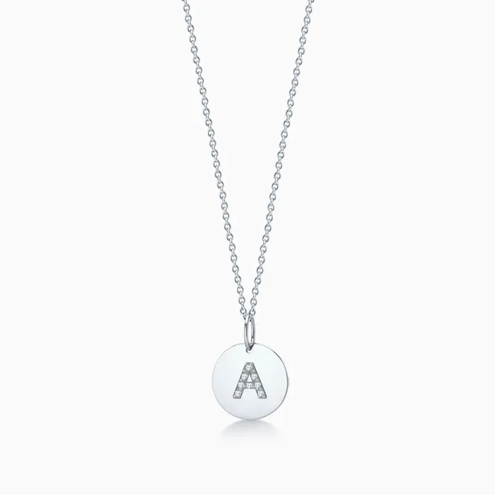 Sandy Steven Engravers Necklaces 12 inch 14k White Gold Diamond Initial Disc Charm Necklace Engravable Sandy Steven Engravers Necklaces 12 inch 14k White Gold Diamond Initial Disc Charm Necklace Engravable