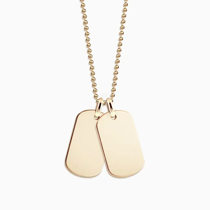 Sandy Steven Engravers Necklaces Engravable Mens FlatEdge 14k Gold Double Dog Tag Necklace with Bead Chain Medium